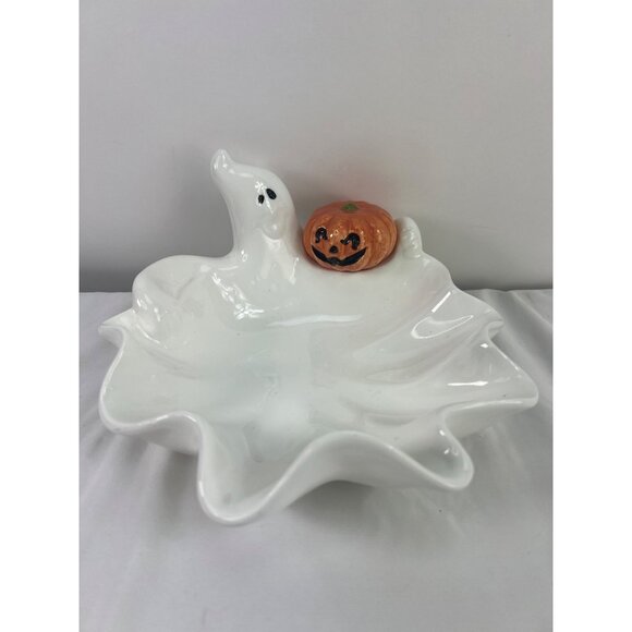 Fitz & Floyd GHOST with JACK-O-LANTERN CANDY DISH FF 1987 HALLOWEEN - Picture 1 of 7